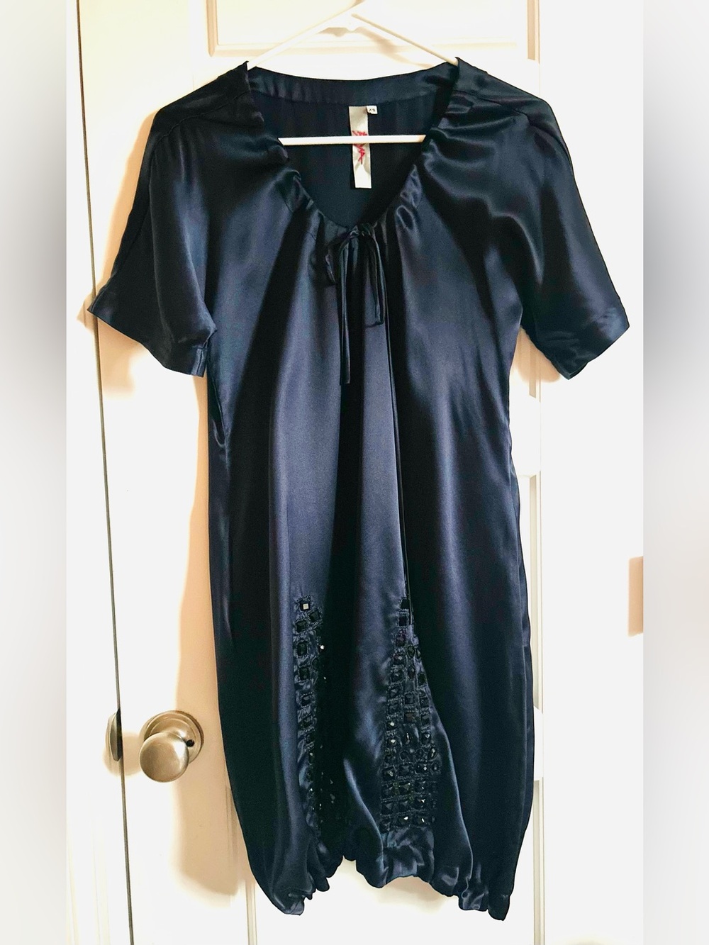 BIYA by Johnny Was 100% Silk Beaded Balloon Dress - Midnight Navy - XS - USA